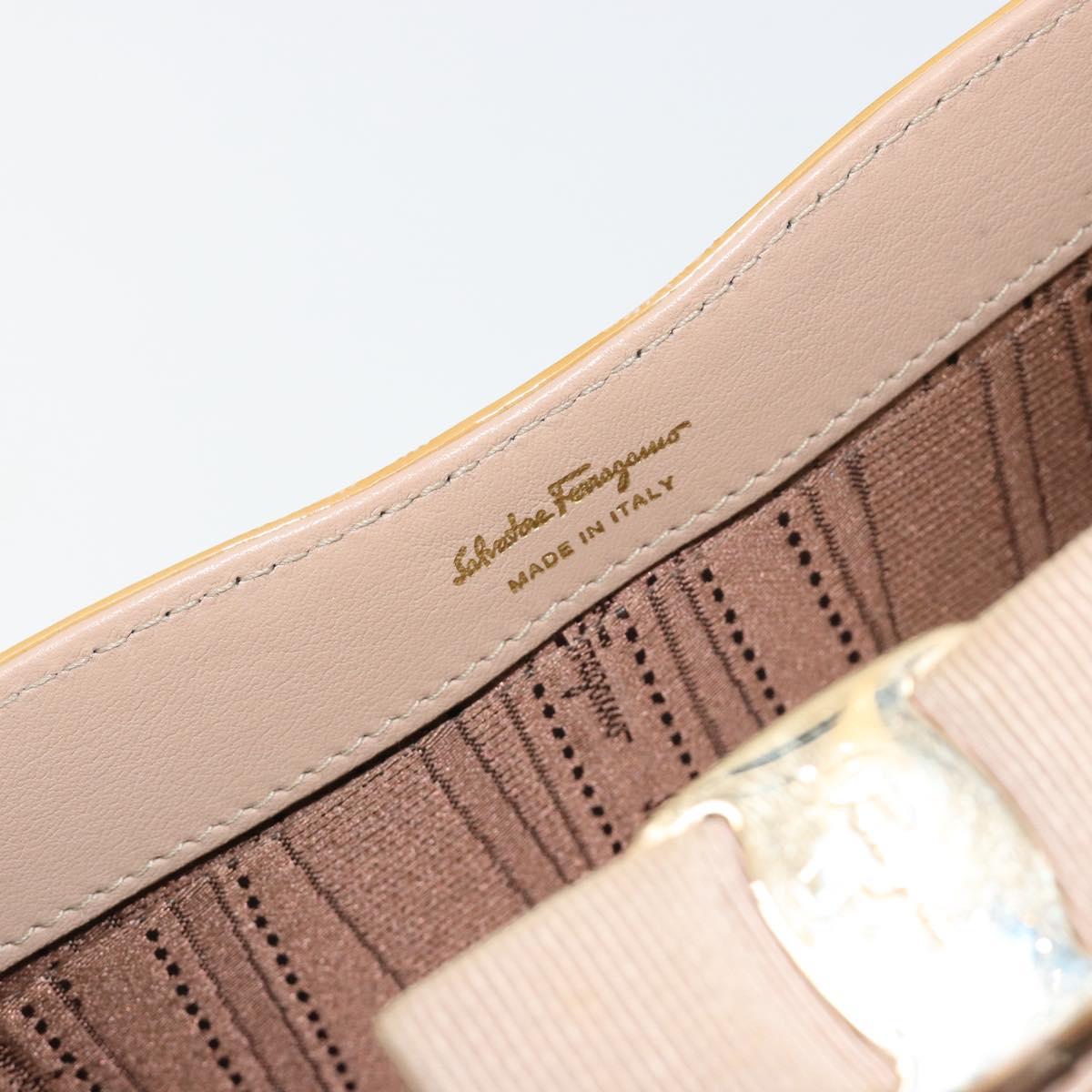 Salvatore Ferragamo Vara Ribbon Chain Bag Patent leather Beige Gold Auth bs35603