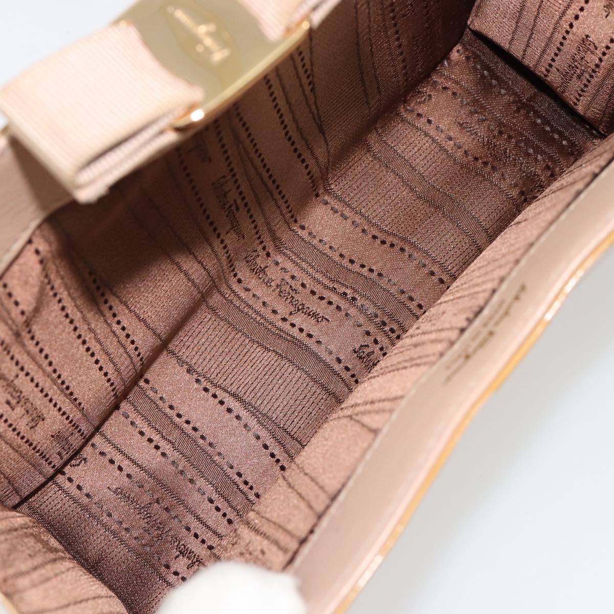 Salvatore Ferragamo Vara Ribbon Chain Bag Patent leather Beige Gold Auth bs35603