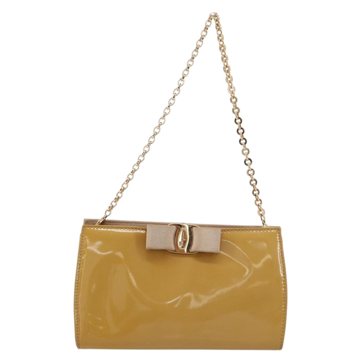 Salvatore Ferragamo Vara Ribbon Chain Bag Patent leather Beige Gold Auth bs35603