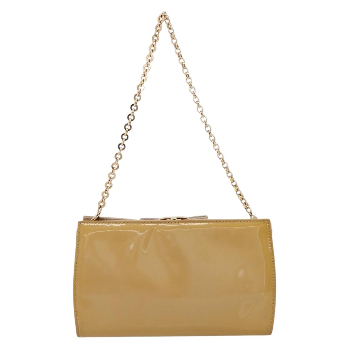 Salvatore Ferragamo Vara Ribbon Chain Bag Patent leather Beige Gold Auth bs35603