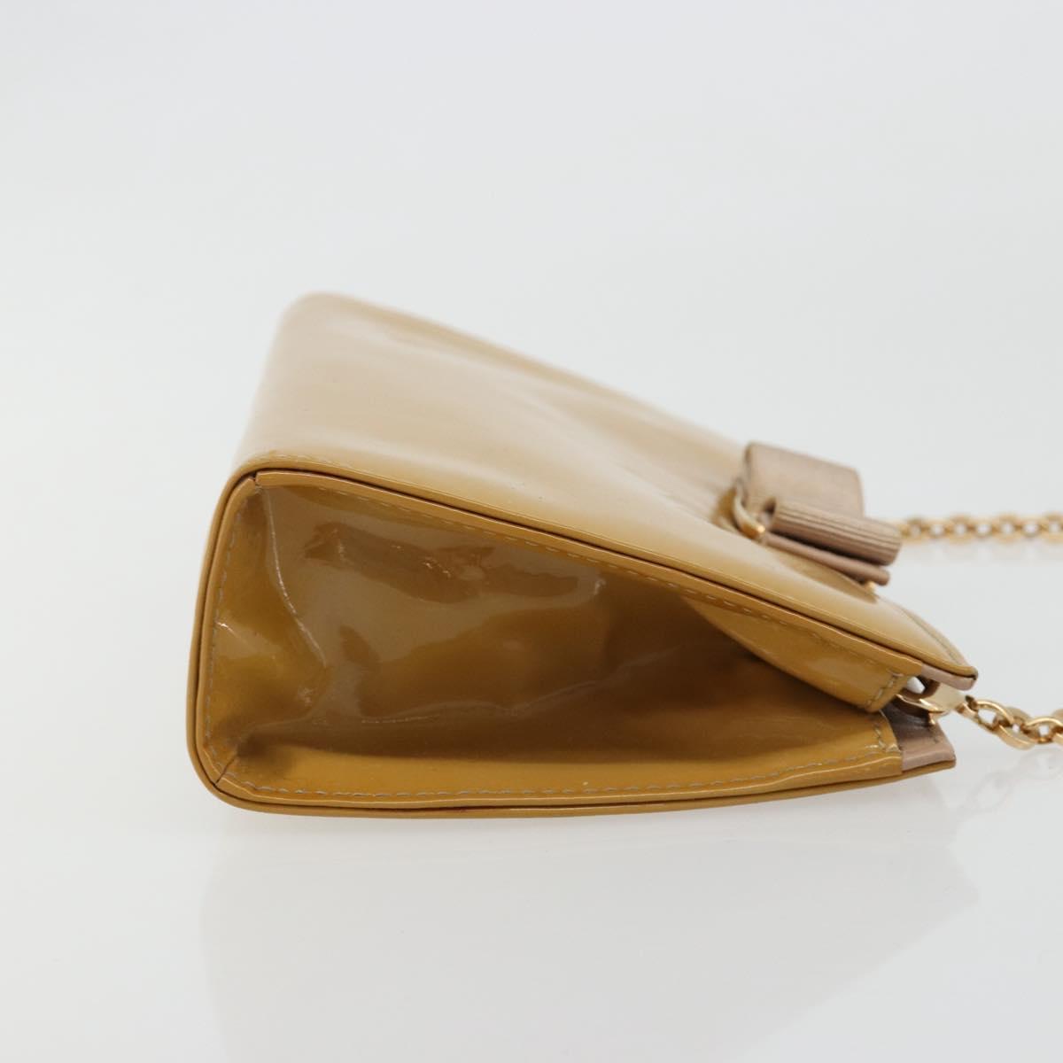 Salvatore Ferragamo Vara Ribbon Chain Bag Patent leather Beige Gold Auth bs35603