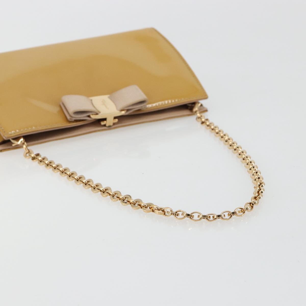 Salvatore Ferragamo Vara Ribbon Chain Bag Patent leather Beige Gold Auth bs35603