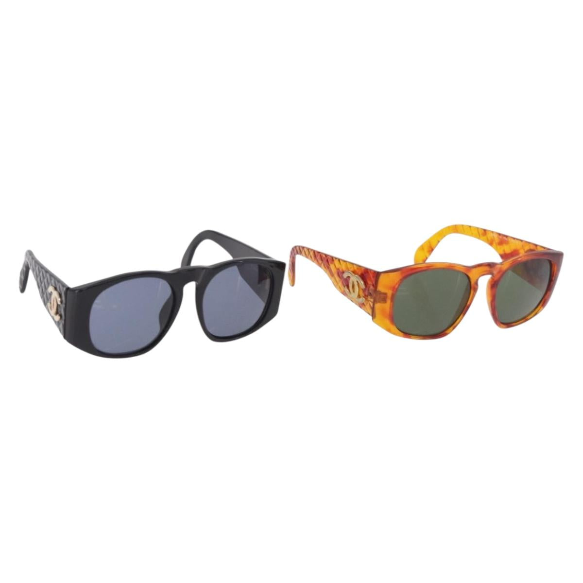 CHANEL Sunglasses plastic 2 Set Black Brown CC Auth bs35606