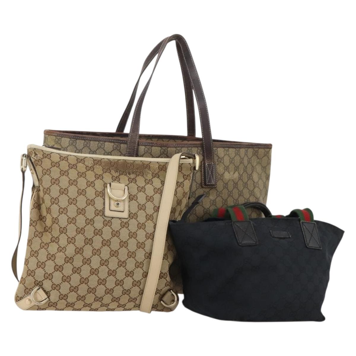 GUCCI GG Supreme GG Canvas Web Sherry Line Bag 3 Set Beige Black Auth bs35614