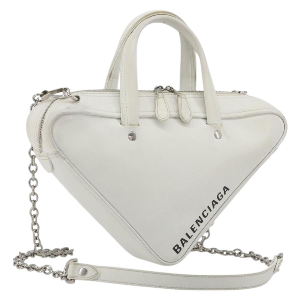 BALENCIAGA Triangle Duffel Bag Leather 2way White Silver 527272 Auth bs35637A