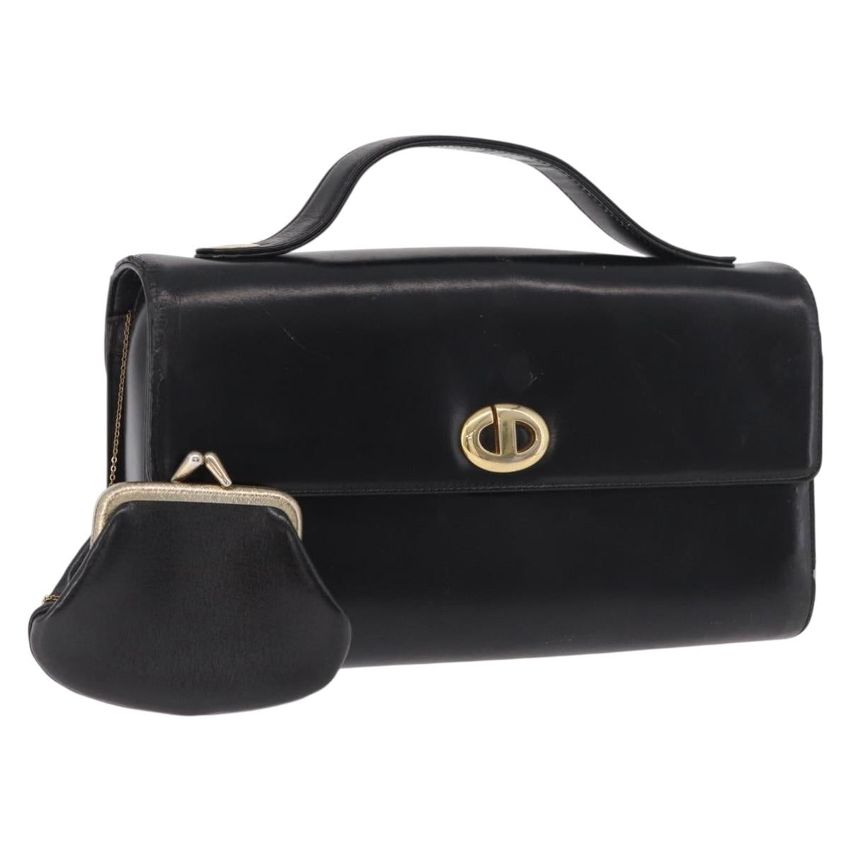 Christian Dior Hand Bag Leather Black Gold Auth bs35657