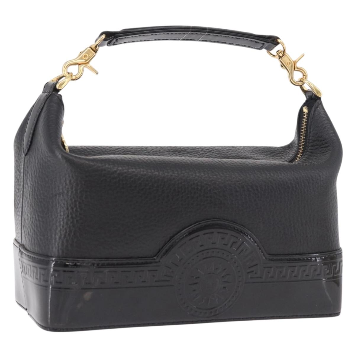 VERSACE Chain Hand Bag Leather Black Gold Auth bs35661A