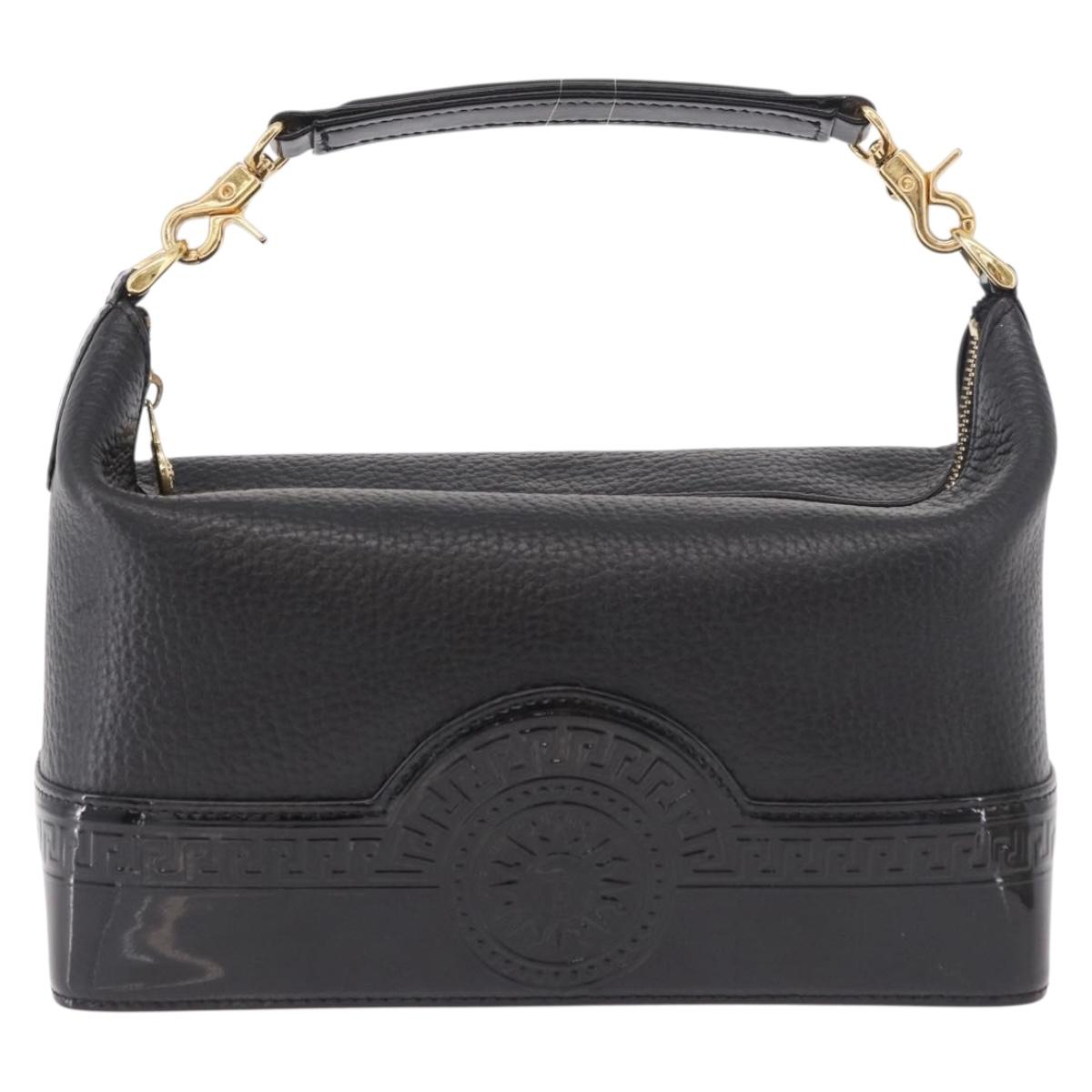 VERSACE Chain Hand Bag Leather Black Gold Auth bs35661A