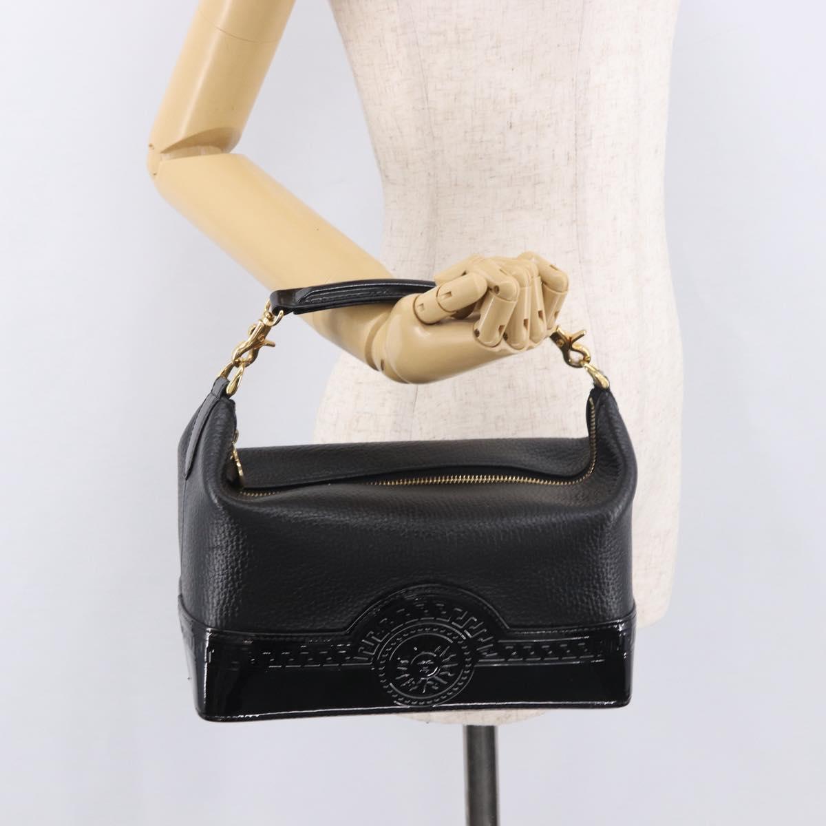 VERSACE Chain Hand Bag Leather Black Gold Auth bs35661A