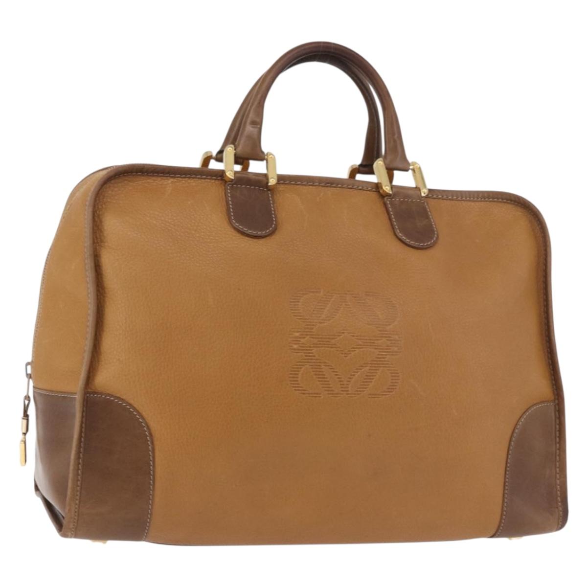 LOEWE Anagram Boston Bag Leather Brown Gold Auth bs35675