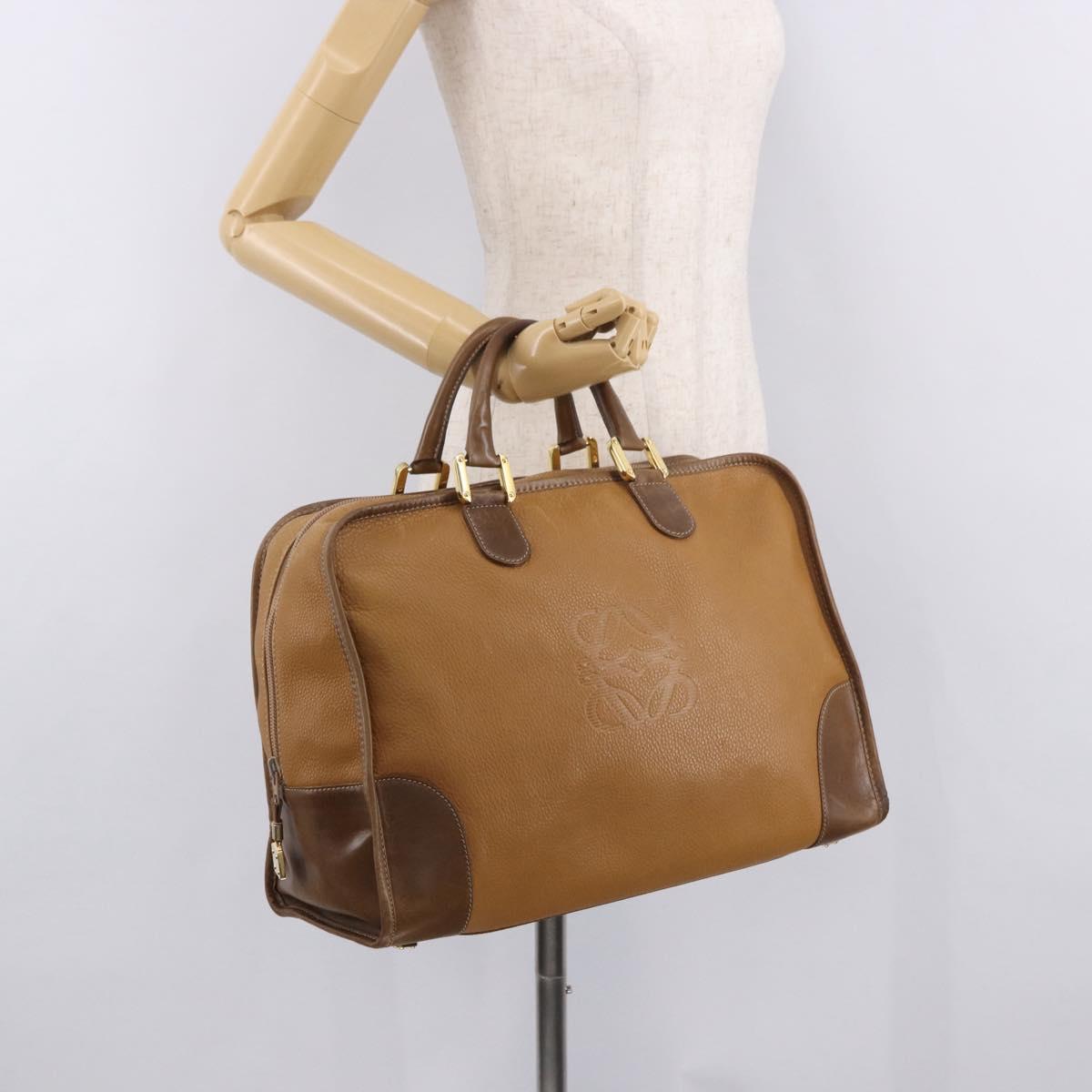 LOEWE Anagram Boston Bag Leather Brown Gold Auth bs35675
