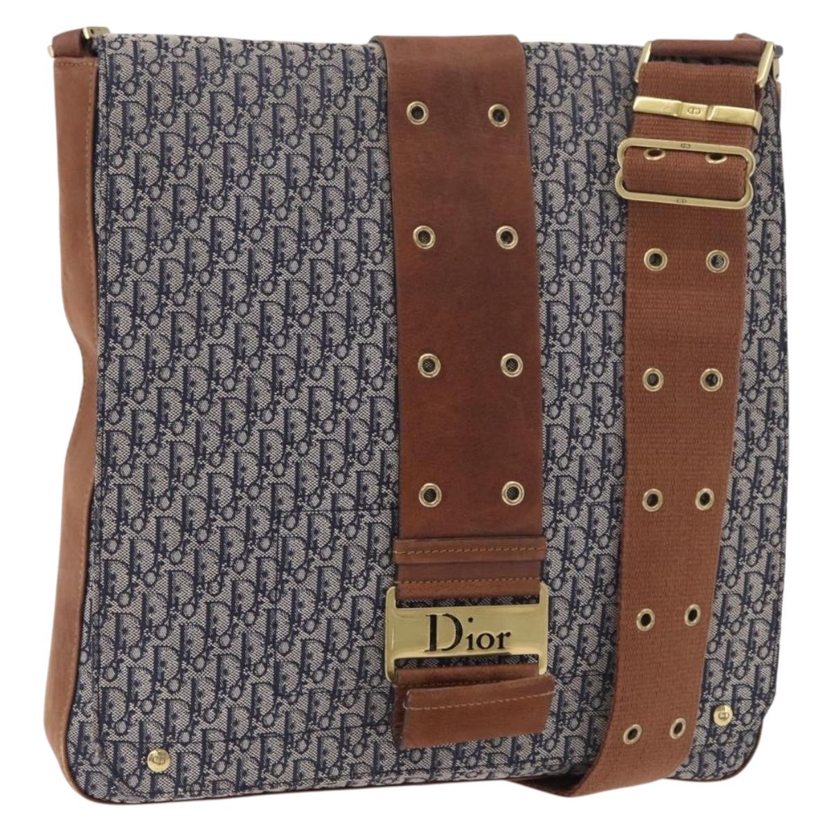 Christian Dior Trotter Canvas Shoulder Bag Navy Gold Auth bs35676A