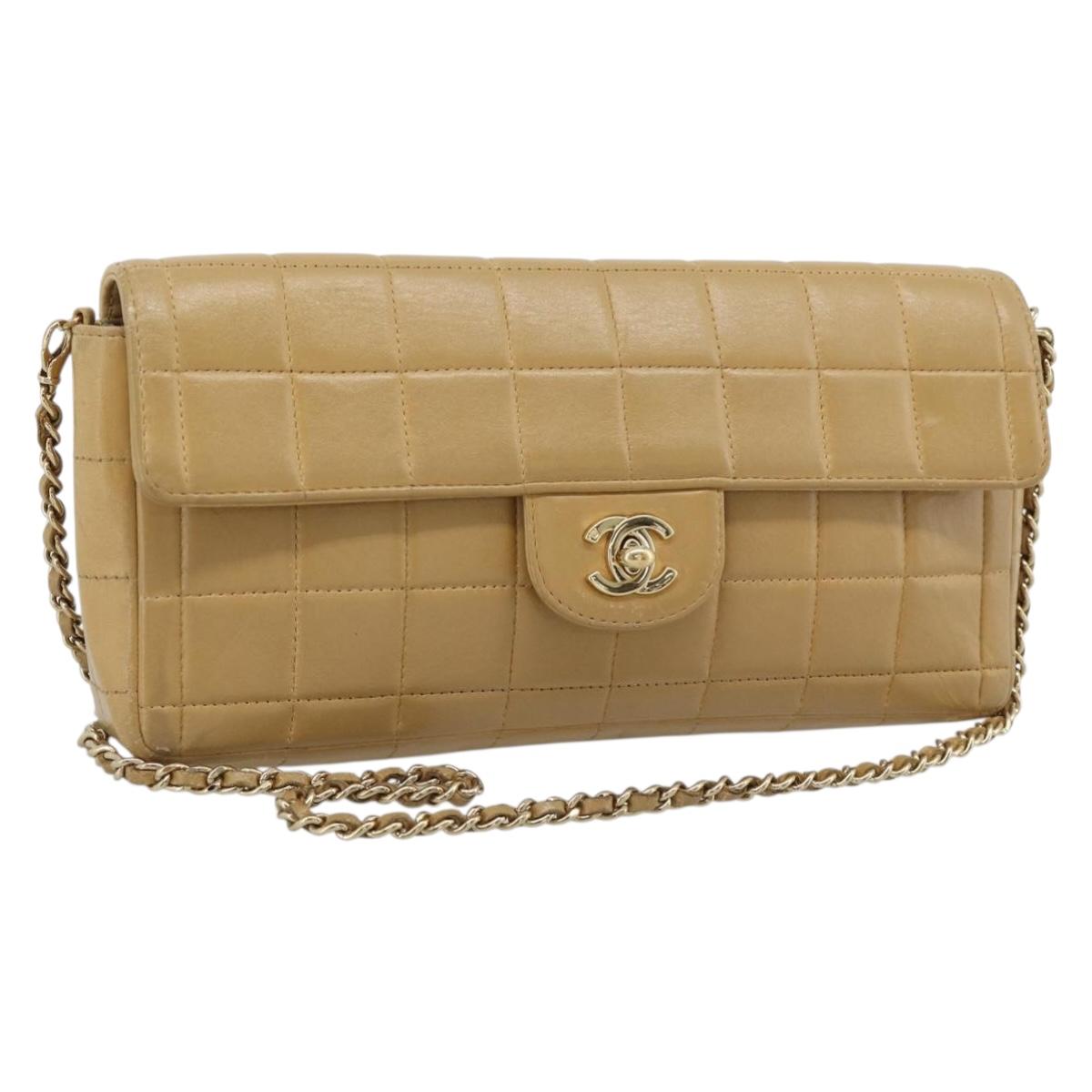 CHANEL Choco Bar Chain Shoulder Bag Lamb Skin Beige Gold CC Auth bs35679