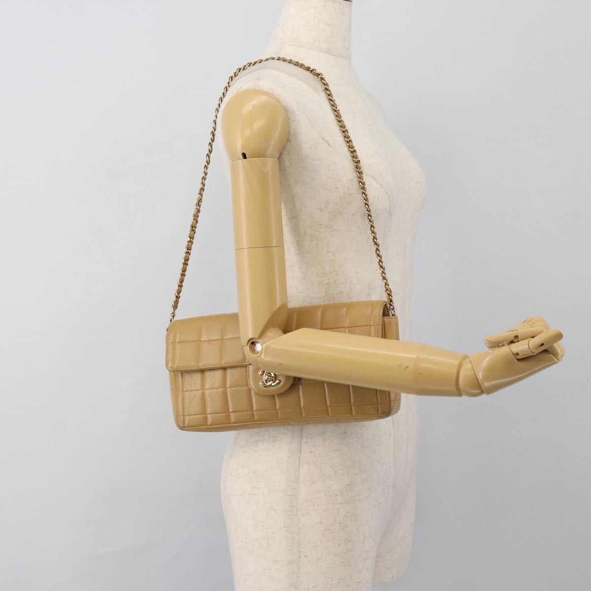 CHANEL Choco Bar Chain Shoulder Bag Lamb Skin Beige Gold CC Auth bs35679