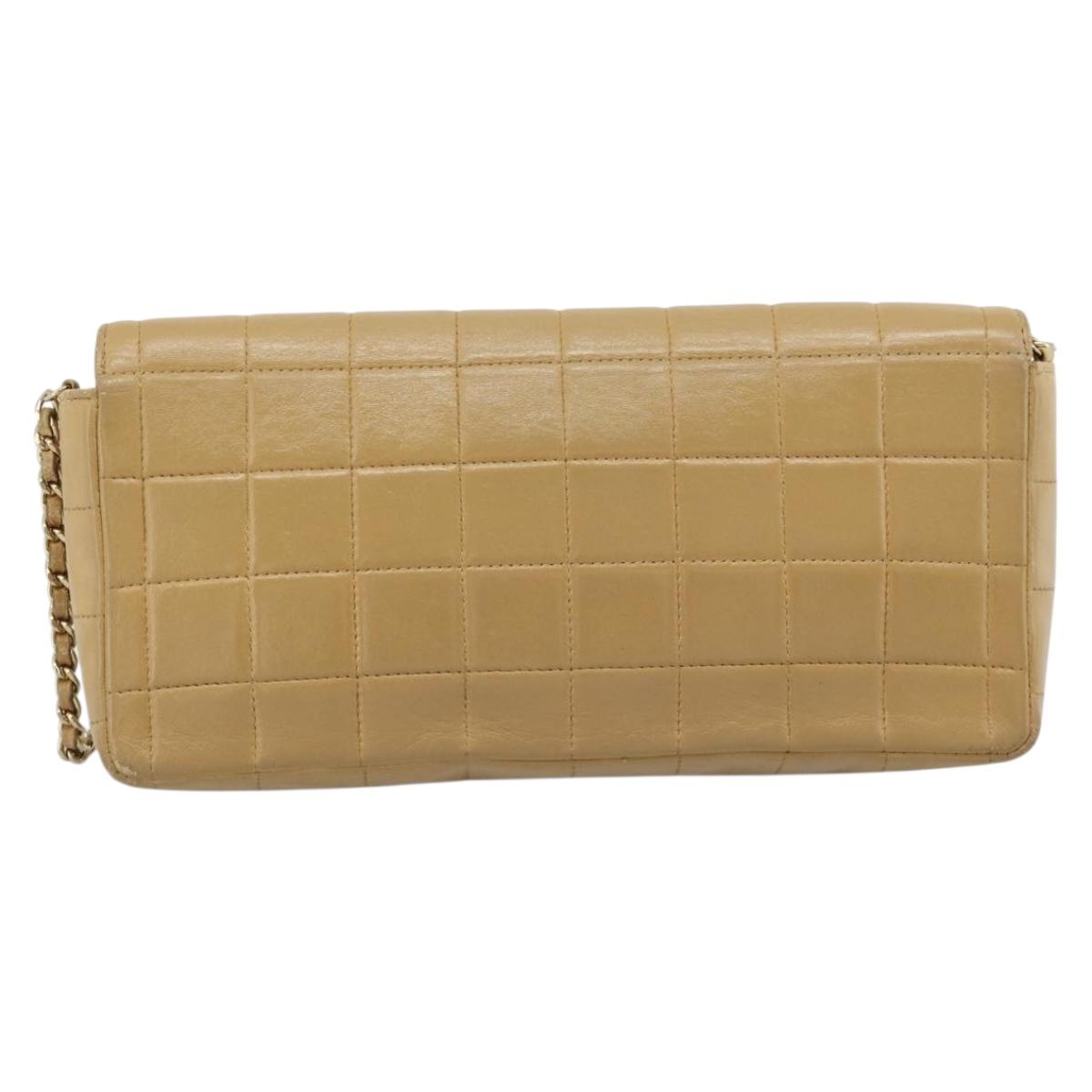 CHANEL Choco Bar Chain Shoulder Bag Lamb Skin Beige Gold CC Auth bs35679