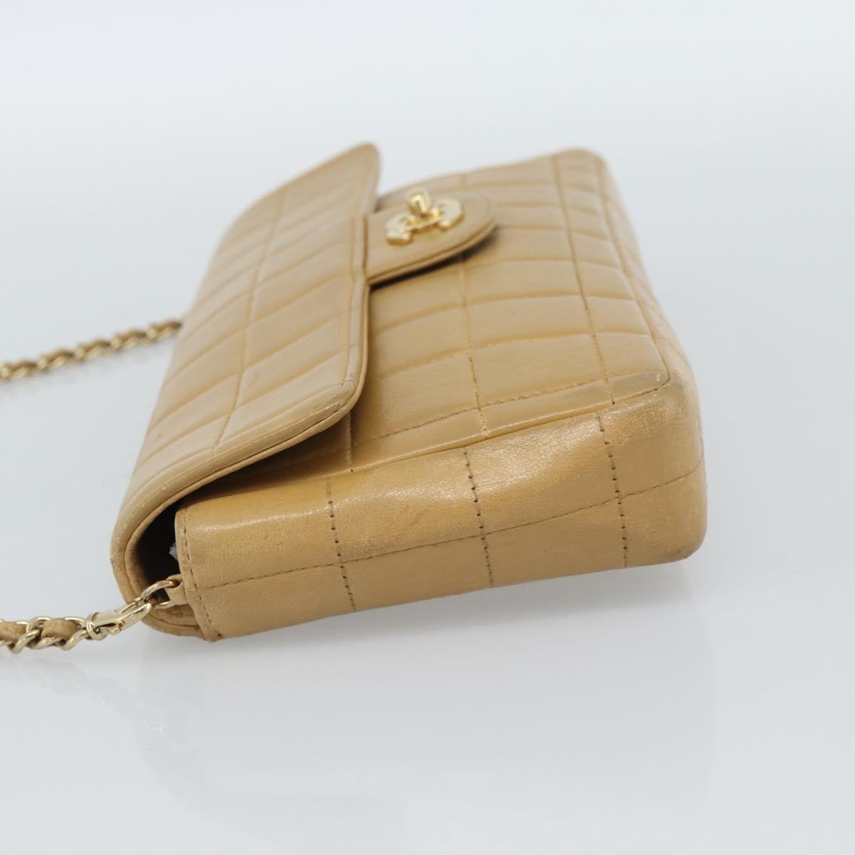 CHANEL Choco Bar Chain Shoulder Bag Lamb Skin Beige Gold CC Auth bs35679