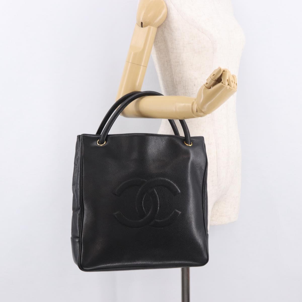 CHANEL Hand Bag Caviar Skin Black Gold CC Auth bs35681V