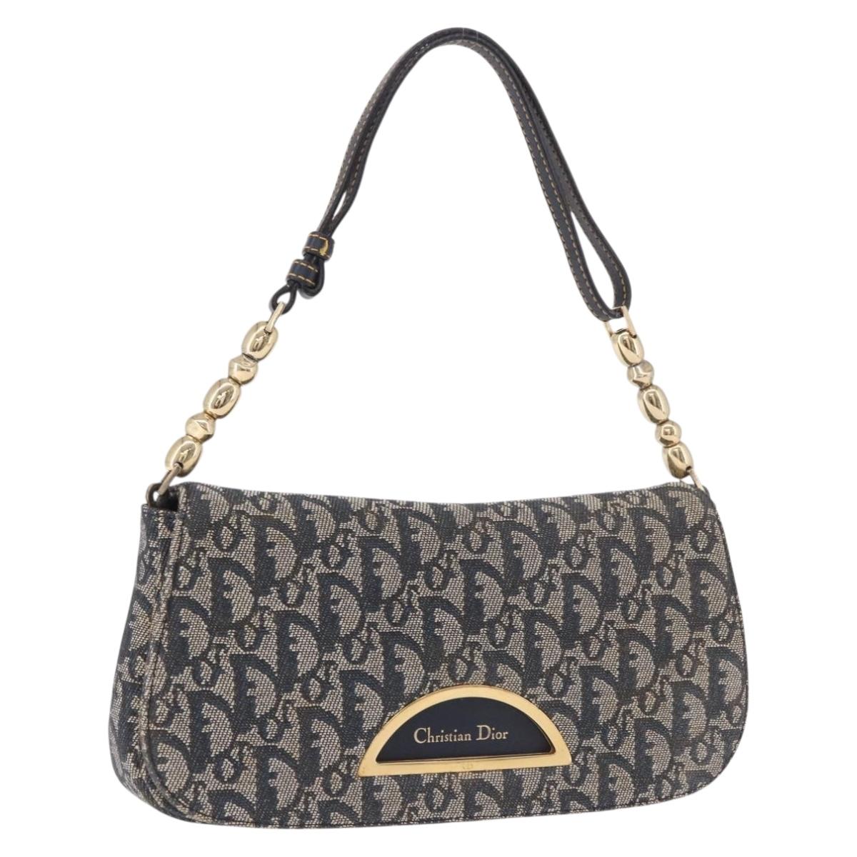 Christian Dior Trotter Canvas Marispearl Chain Bag Navy Gold Auth bs35684A