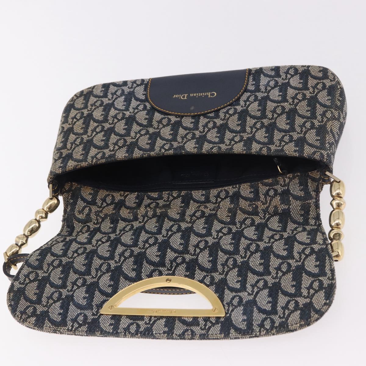 Christian Dior Trotter Canvas Marispearl Chain Bag Navy Gold Auth bs35684A
