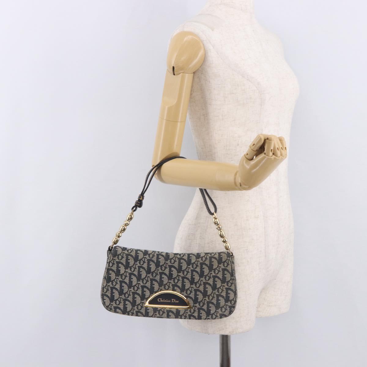 Christian Dior Trotter Canvas Marispearl Chain Bag Navy Gold Auth bs35684A