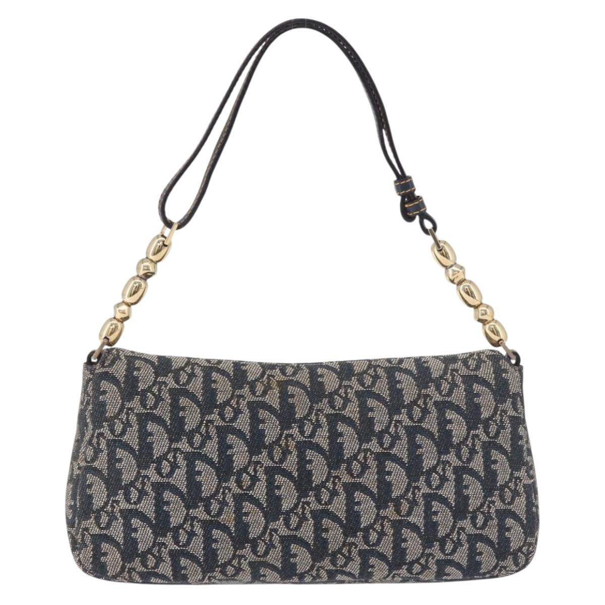 Christian Dior Trotter Canvas Marispearl Chain Bag Navy Gold Auth bs35684A