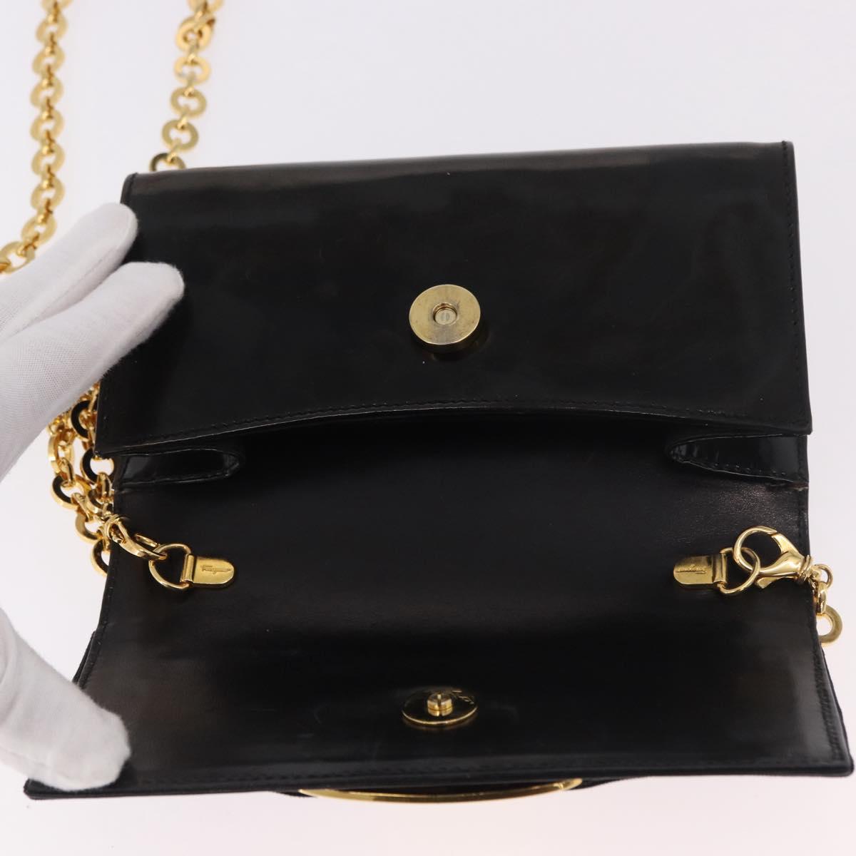 Salvatore Ferragamo Vara Ribbon Chain Bag Patent Leather Black Gold Auth bs35689
