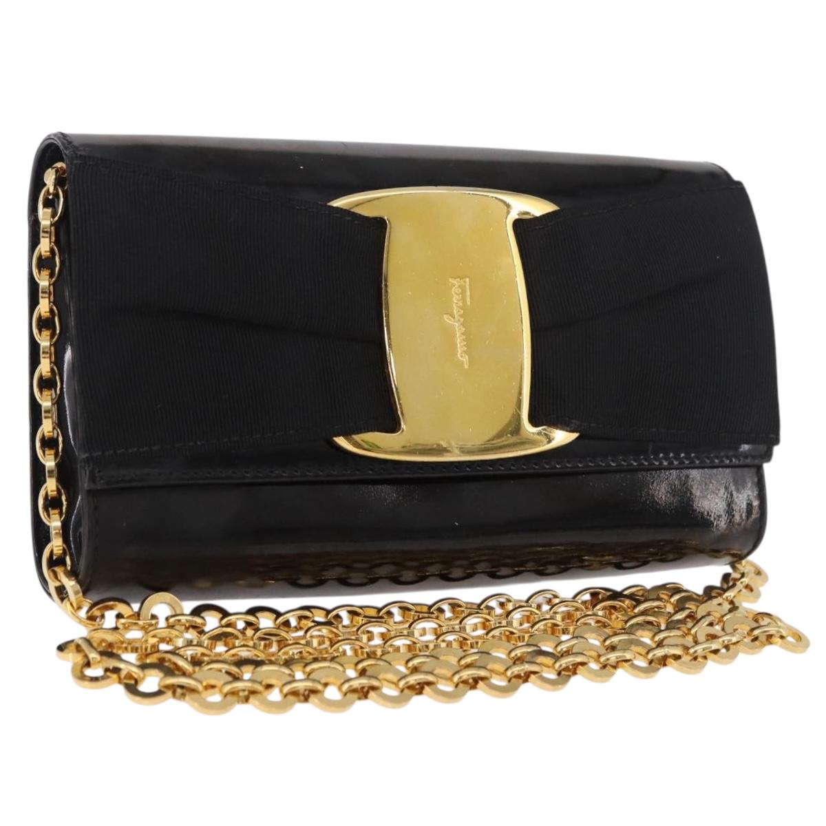 Salvatore Ferragamo Vara Ribbon Chain Bag Patent Leather Black Gold Auth bs35689