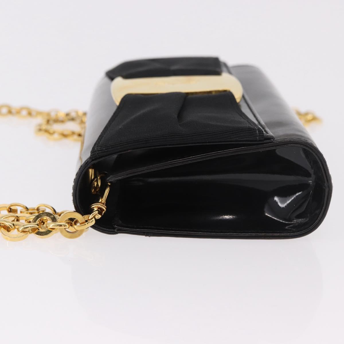 Salvatore Ferragamo Vara Ribbon Chain Bag Patent Leather Black Gold Auth bs35689