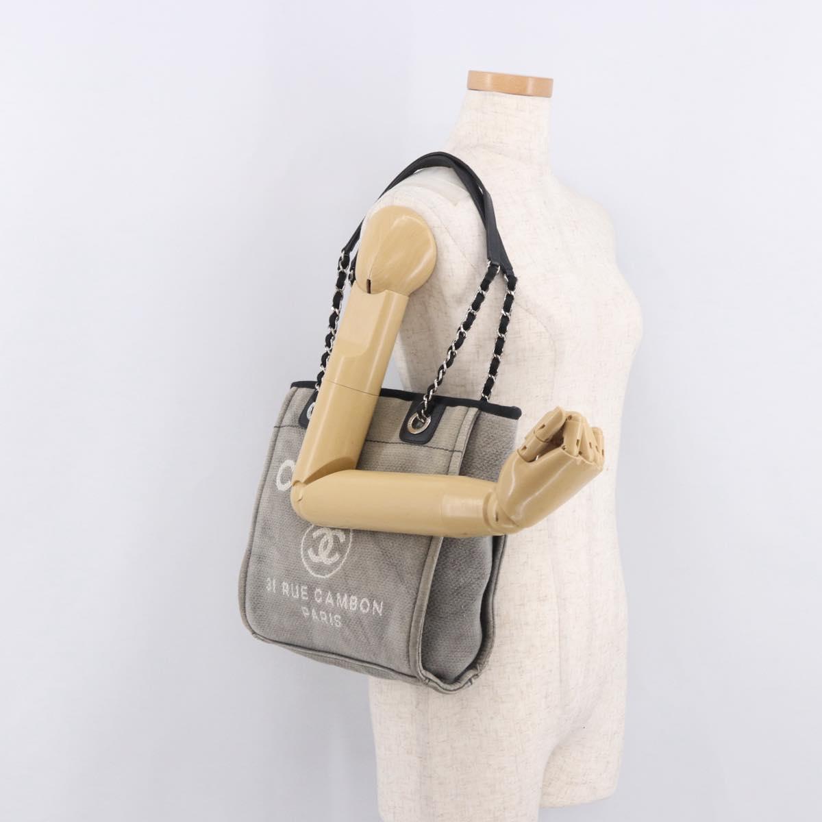 CHANEL Deauville Line Chain Tote Bag Canvas Gray Silver CC Auth bs35696