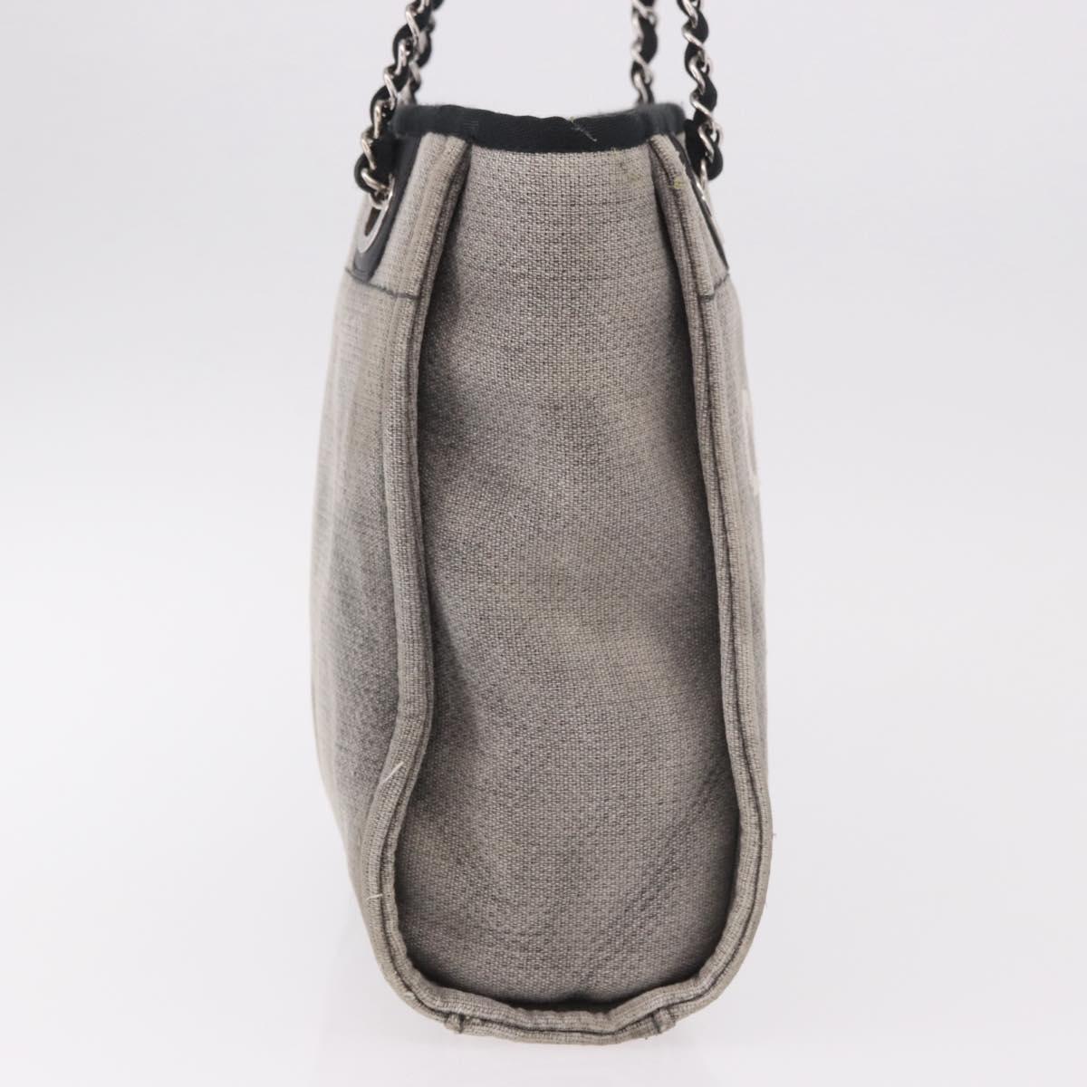 CHANEL Deauville Line Chain Tote Bag Canvas Gray Silver CC Auth bs35696