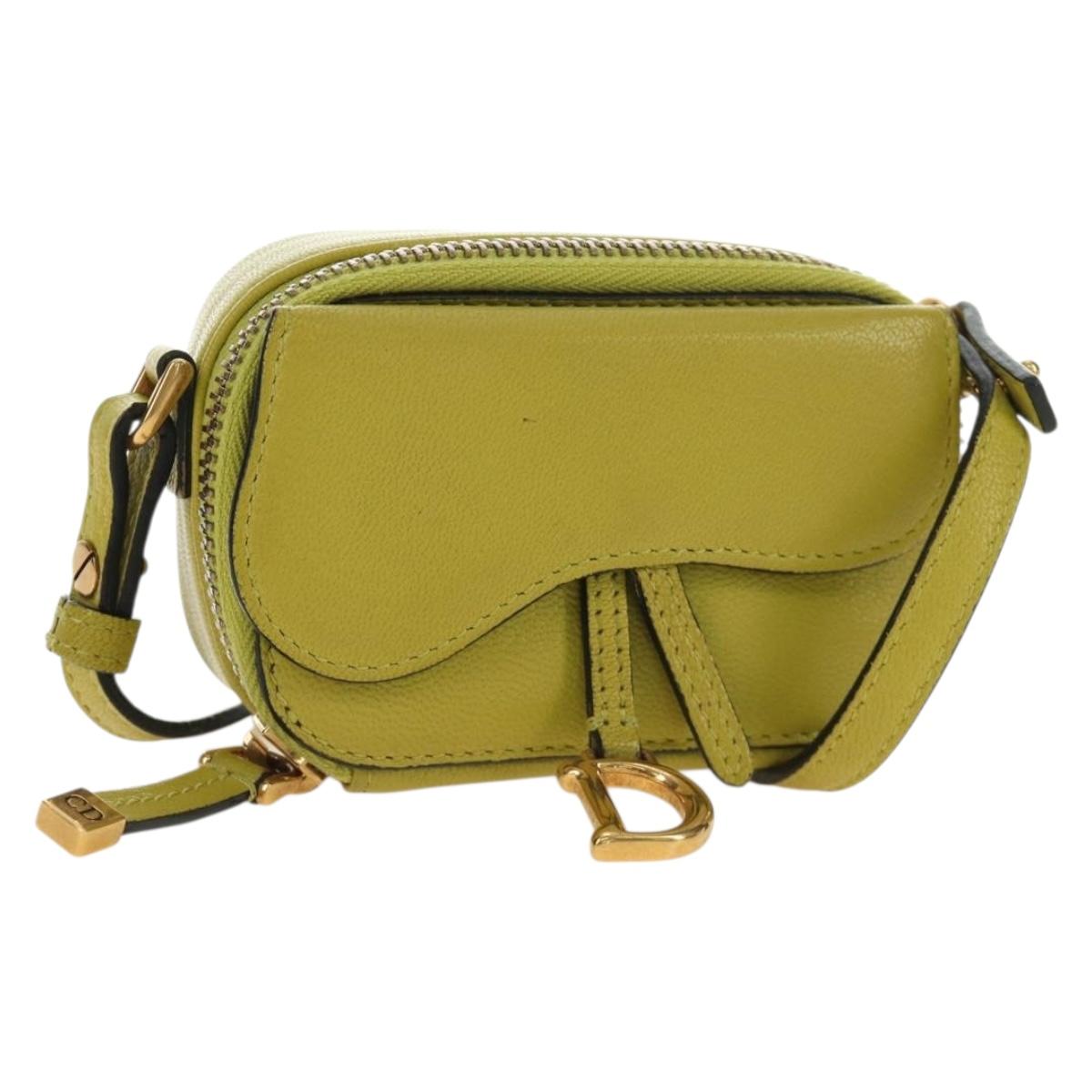 Christian Dior Saddle Shoulder Pouch Leather Green Gold Auth bs35702V