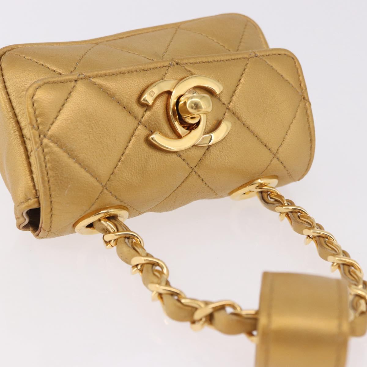 CHANEL Matelasse Chain Pouch Lamb Skin Gold CC Auth bs35703V