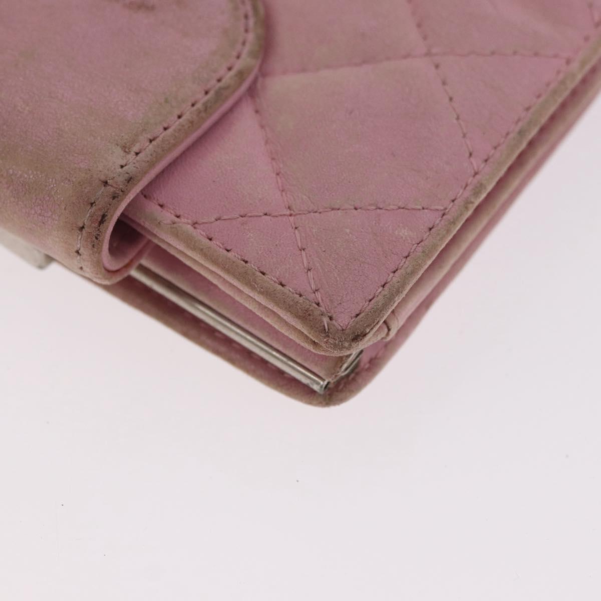 CHANEL Cambon Line Bifold Wallet Leather Pink Silver CC Auth bs35716