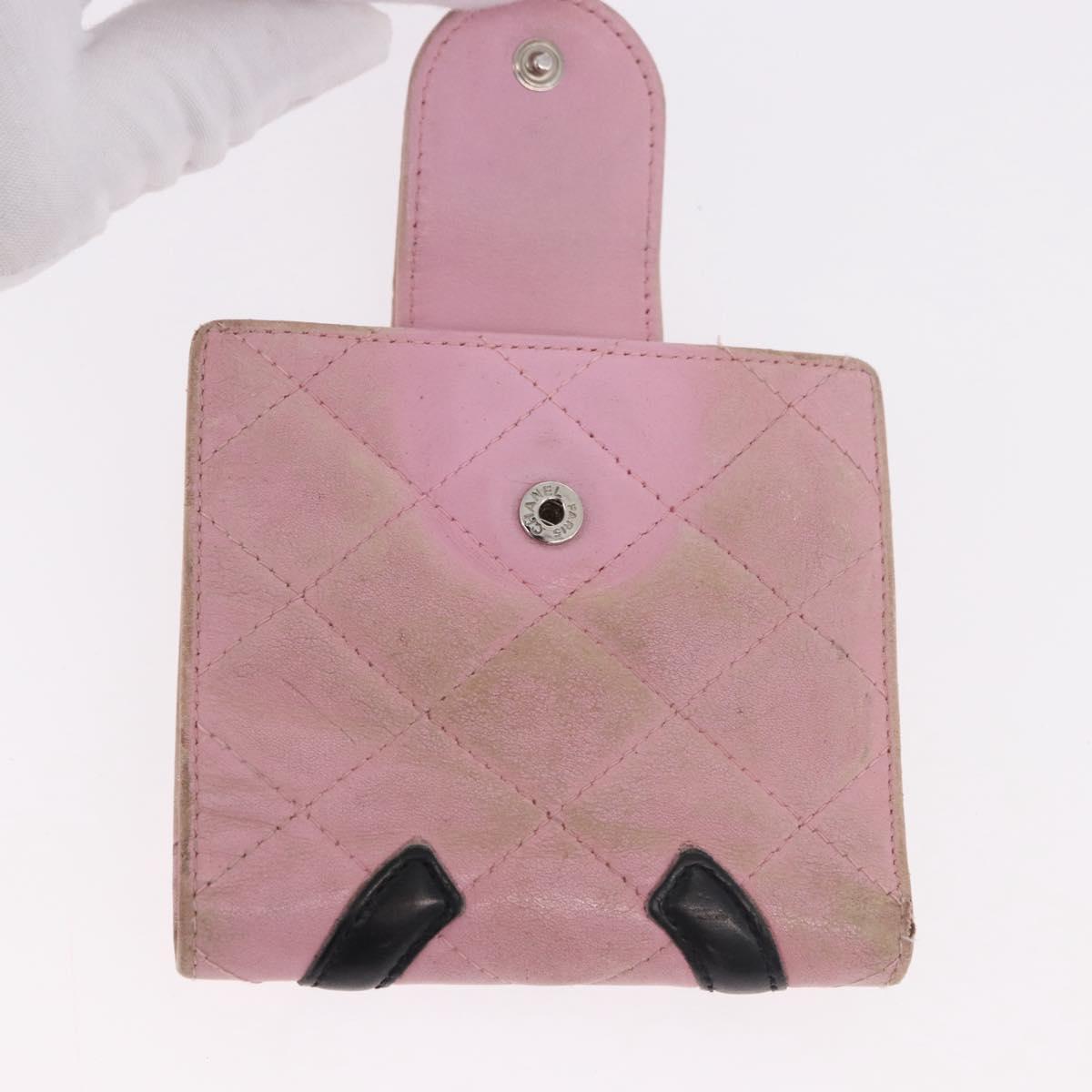 CHANEL Cambon Line Bifold Wallet Leather Pink Silver CC Auth bs35716