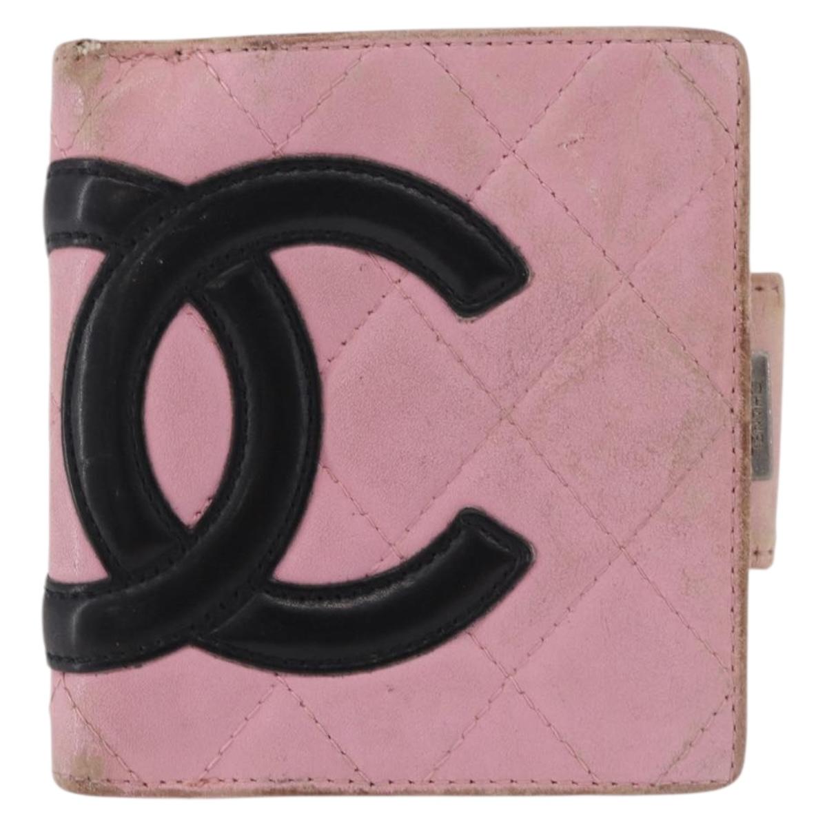 CHANEL Cambon Line Bifold Wallet Leather Pink Silver CC Auth bs35716