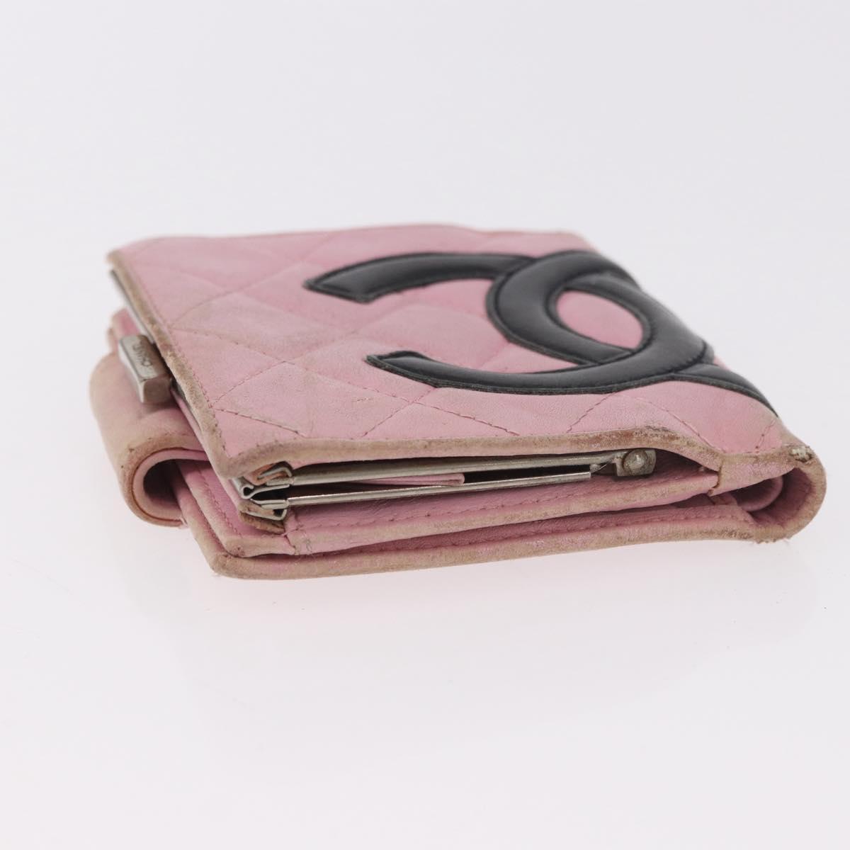 CHANEL Cambon Line Bifold Wallet Leather Pink Silver CC Auth bs35716