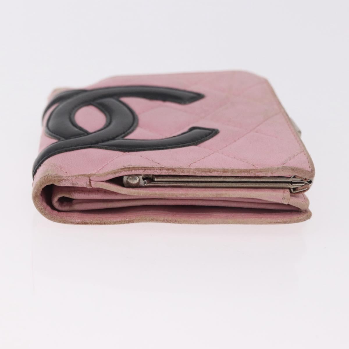 CHANEL Cambon Line Bifold Wallet Leather Pink Silver CC Auth bs35716