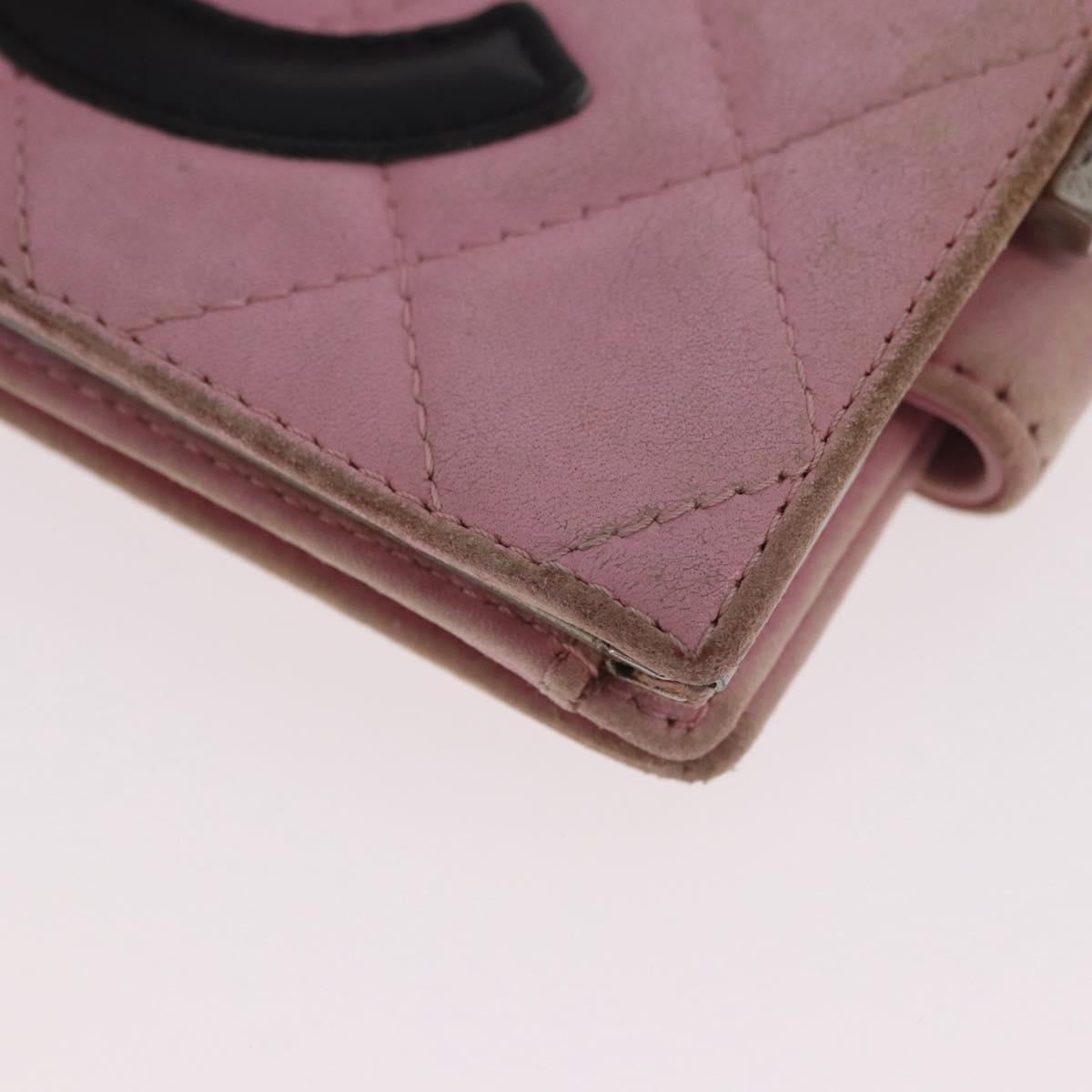 CHANEL Cambon Line Bifold Wallet Leather Pink Silver CC Auth bs35716