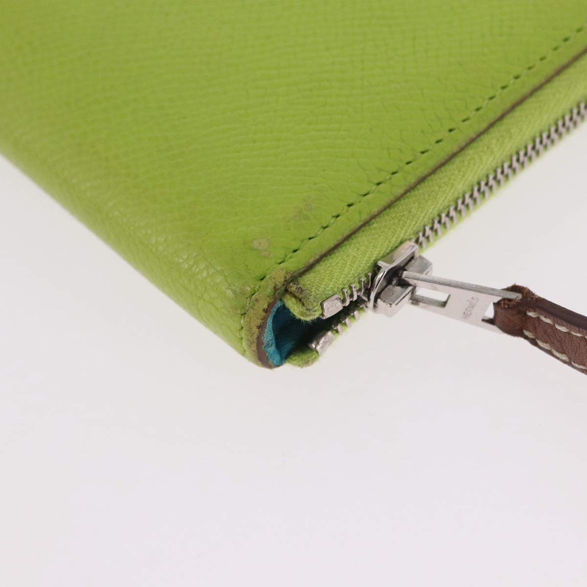 HERMES Azap Long Silk In Long Wallet Leather Green Silver Auth bs35717