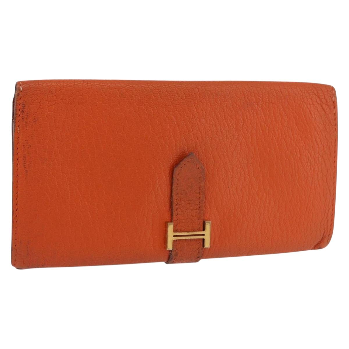 HERMES Bane Souffle Long Wallet Leather Orange Gold Auth bs35718