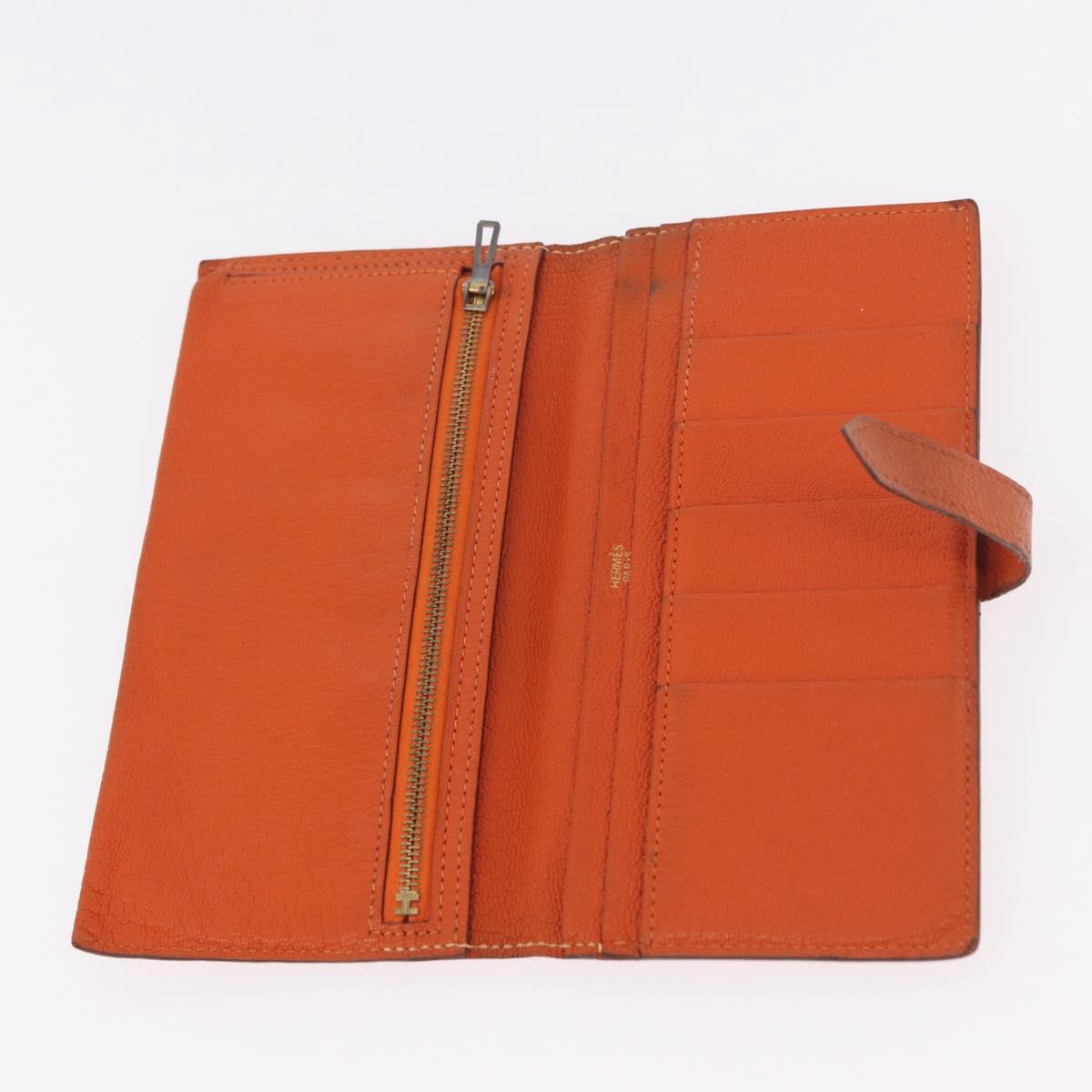 HERMES Bane Souffle Long Wallet Leather Orange Gold Auth bs35718