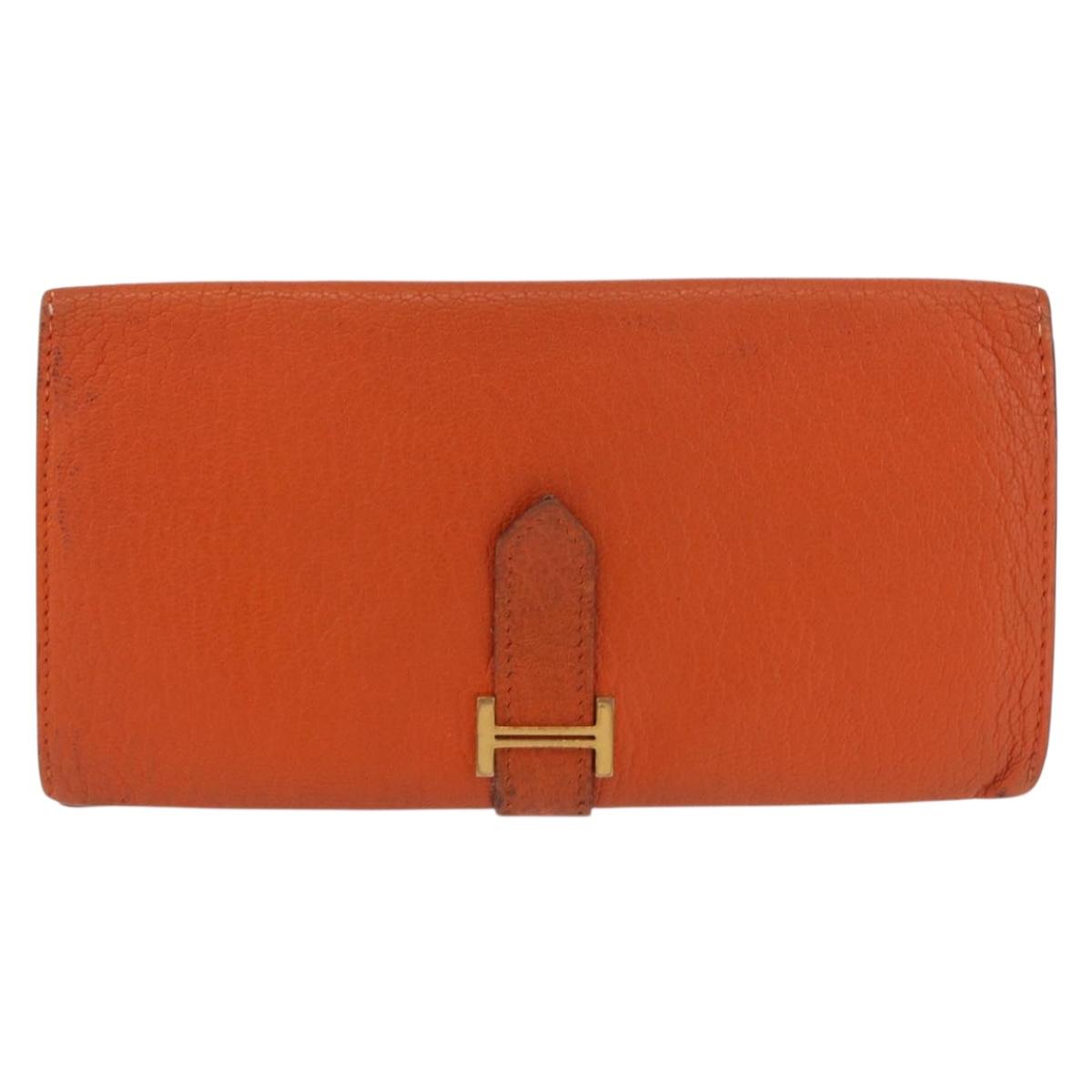 HERMES Bane Souffle Long Wallet Leather Orange Gold Auth bs35718