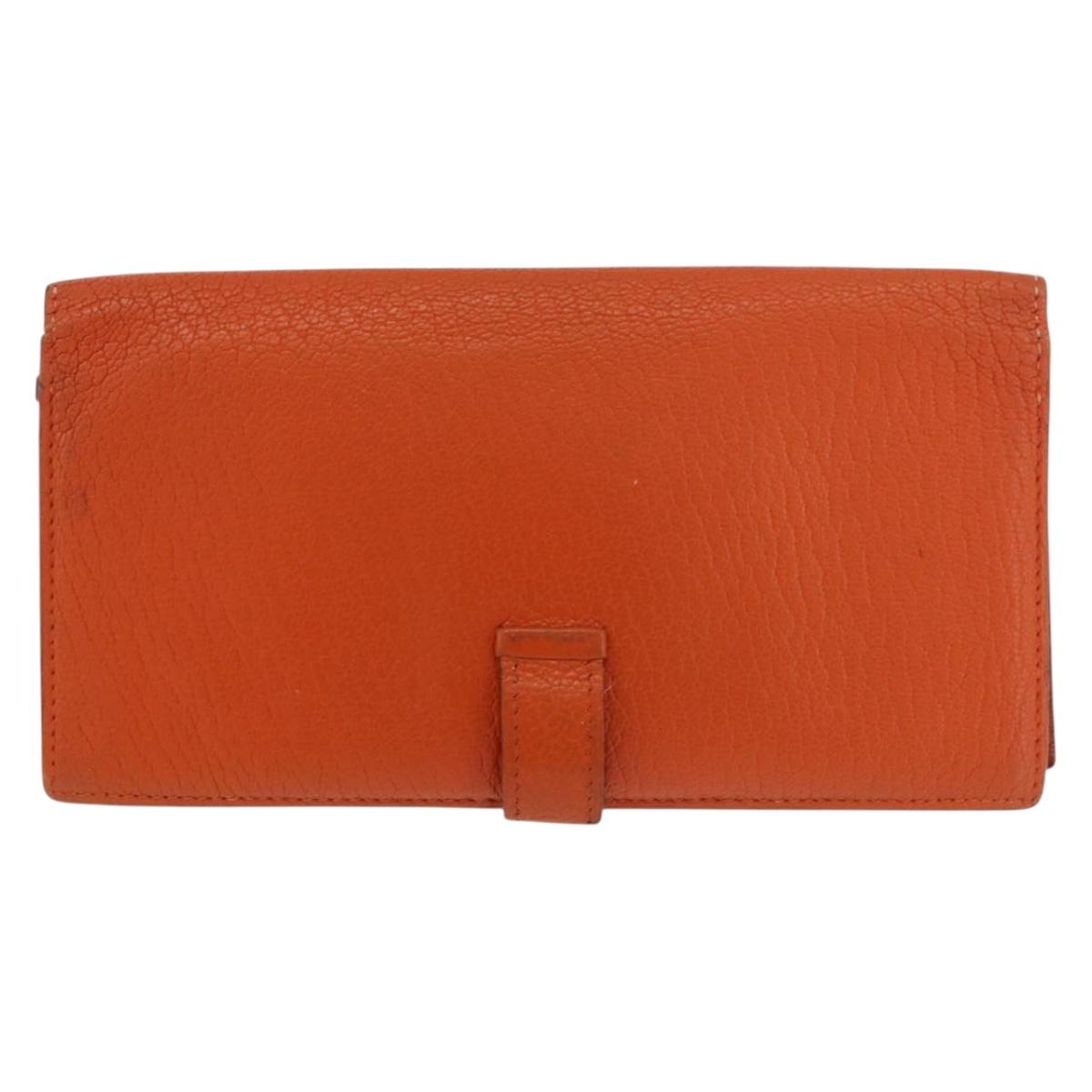 HERMES Bane Souffle Long Wallet Leather Orange Gold Auth bs35718