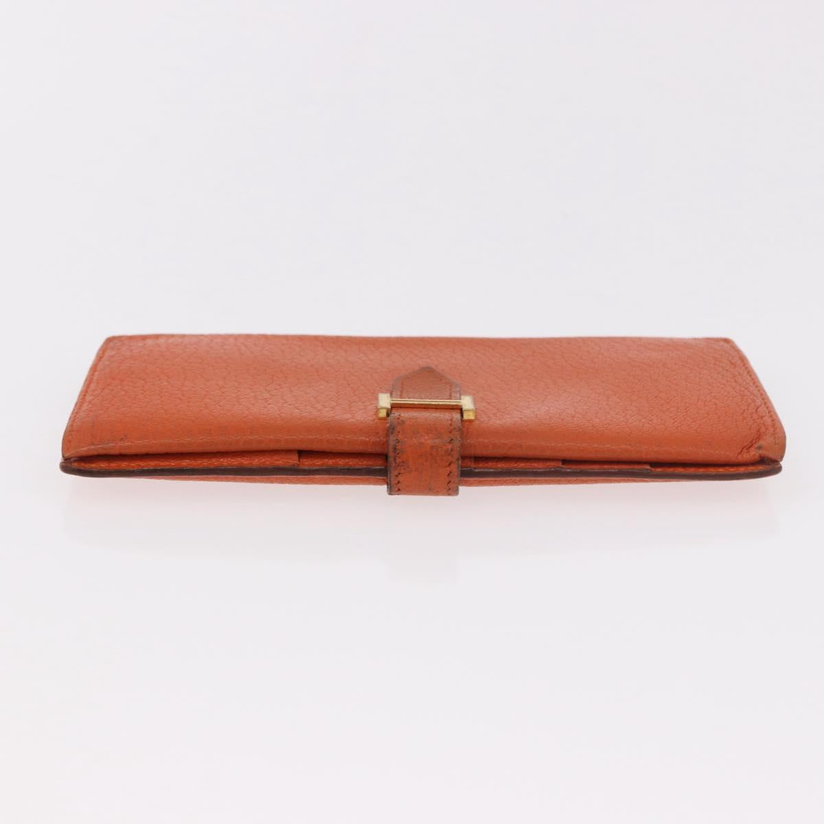 HERMES Bane Souffle Long Wallet Leather Orange Gold Auth bs35718