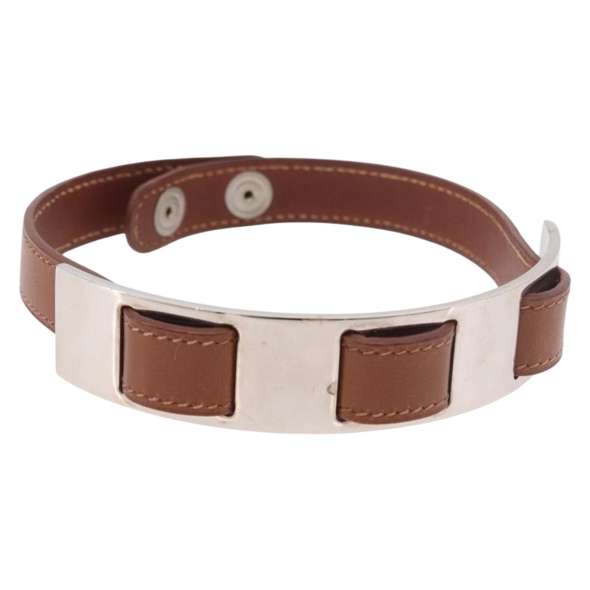 HERMES Armlet Leather Brown Silver Auth bs35719A