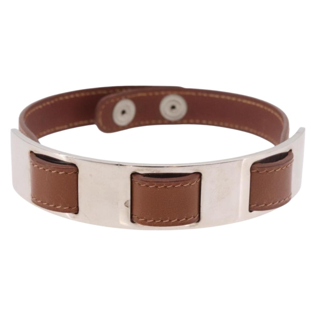 HERMES Armlet Leather Brown Silver Auth bs35719A
