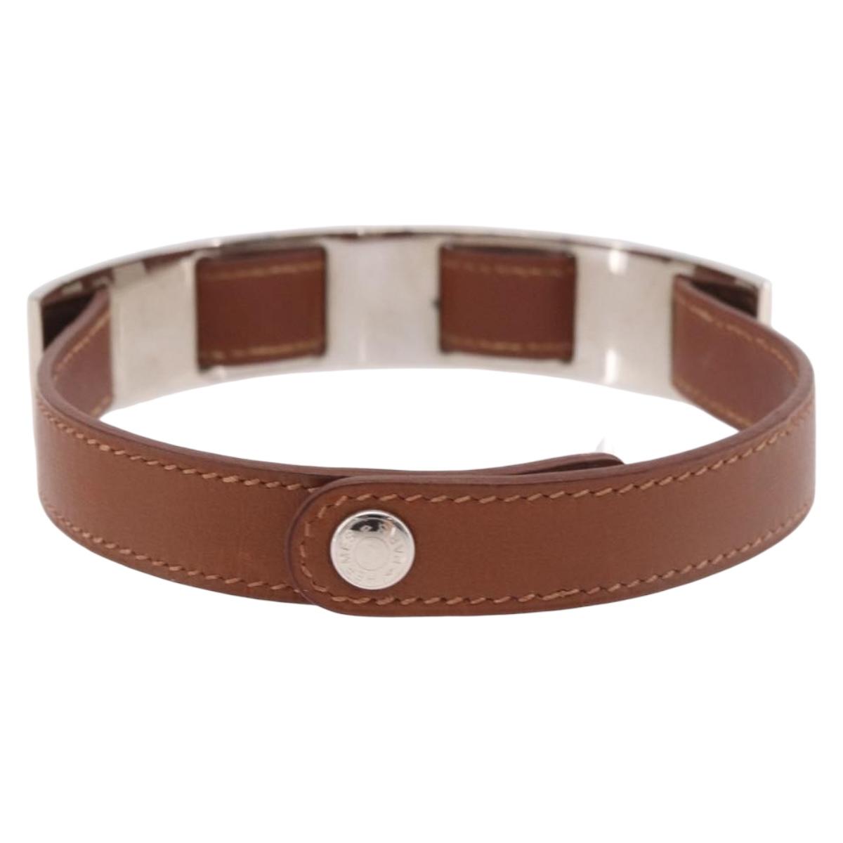 HERMES Armlet Leather Brown Silver Auth bs35719A