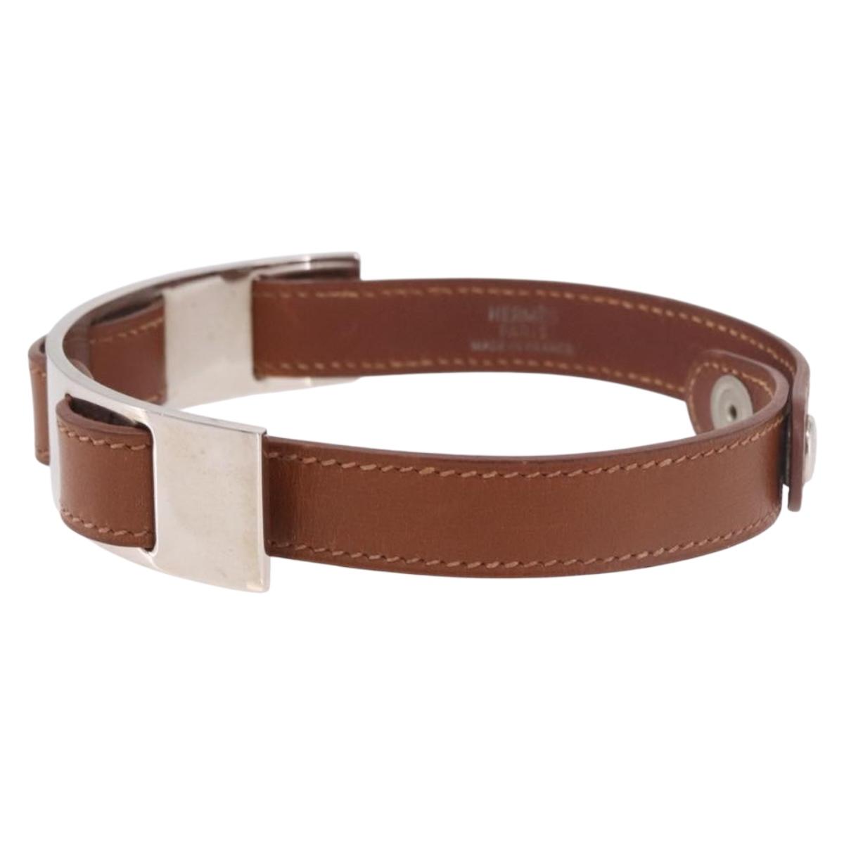 HERMES Armlet Leather Brown Silver Auth bs35719A