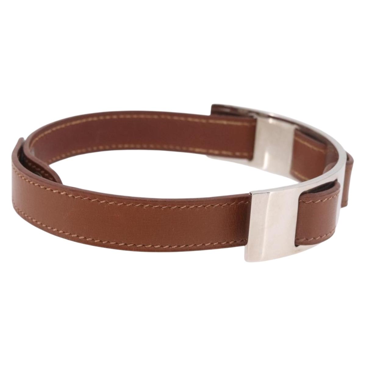 HERMES Armlet Leather Brown Silver Auth bs35719A