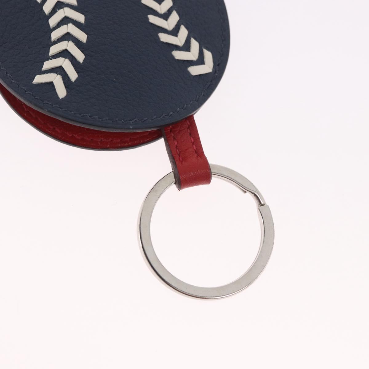 HERMES Baseball Key Ring Leather Navy Silver Auth bs35720V